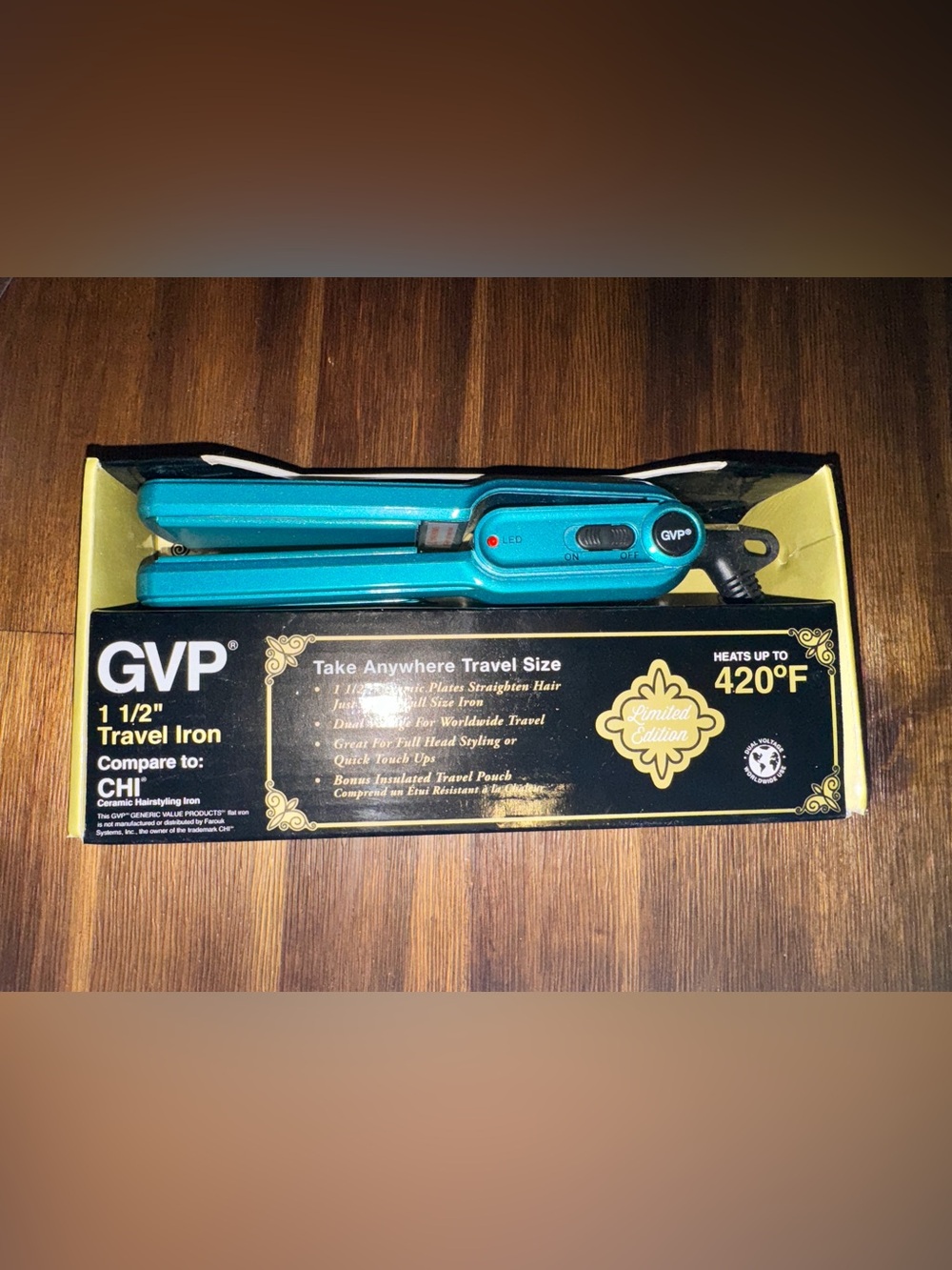 NWT GVP 1.5 Ceramic Travel Flat Iron Teal Limited Edition Dual Voltage 420° Hair